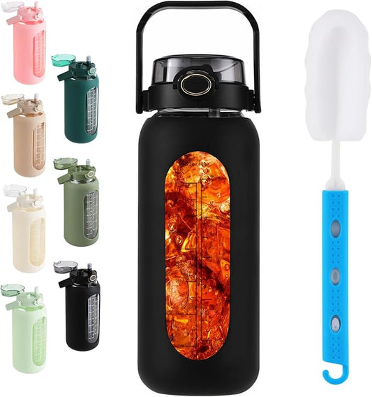 52 oz Glass Water Bottle with 2-in-1 Straw Lid Large Half Gallon Water Bottle with Time Marker & Removable Silicone Sleeve,Wide Mouth BPA-Free Borosilicate Bottle for Gym, Workout & Daily Use