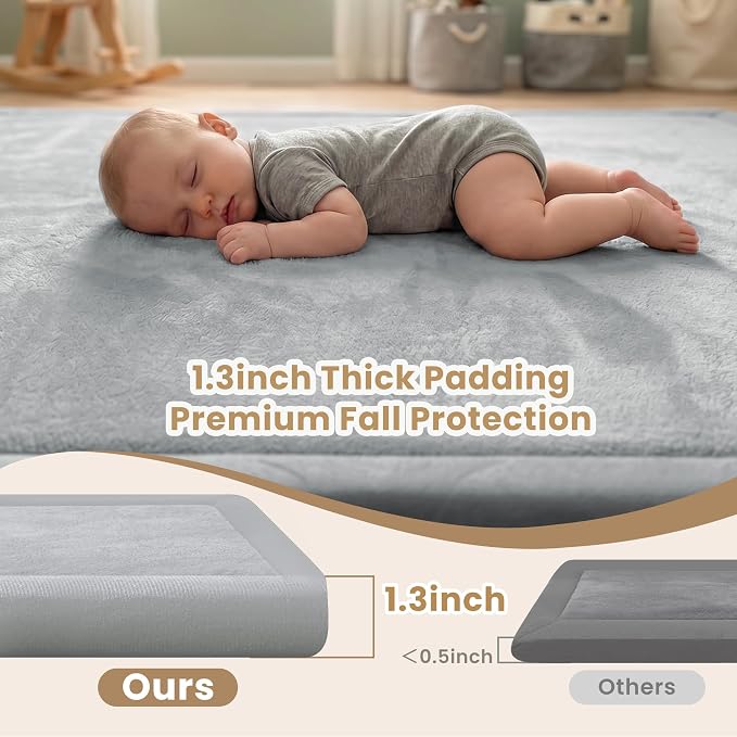 ACOMOPACK Baby Play Mat for Floor 1.3" Thick Memory Foam Play Mat 79"×118" Tummy Time Crawling with Non-slip Bottom for Living Room,Nursery,Soft Velvet Playpen Mats for Kids,Infants（Light Grey）