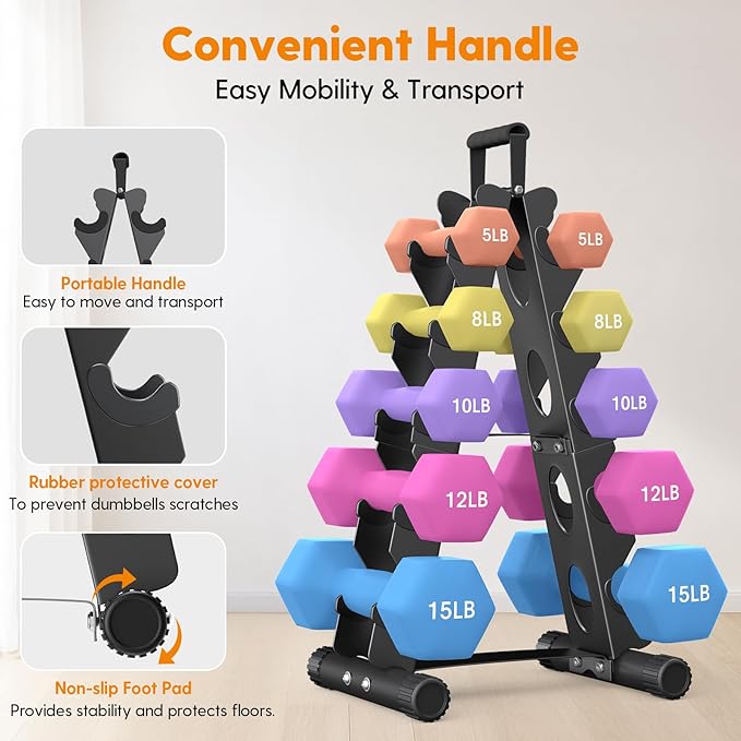 AmazeFan 5 Tier | 3-Tier Dumbbell Rack Stand Only, A-Frame Design Weight Rack with Handle, Weights Metal Strength Training Dumbbells Storage Rack for Home Gym Space Saver (Dumbells not Included)