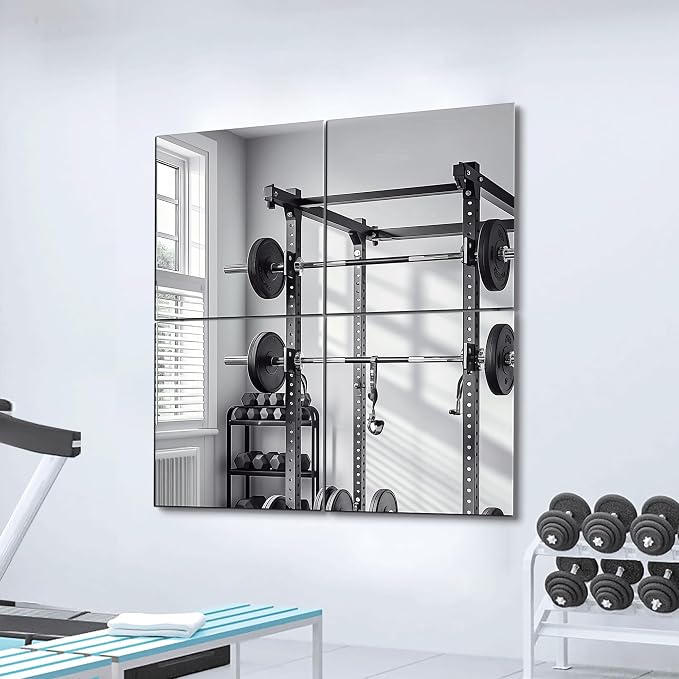Delma Frameless Mirror Tiles 20"x20"x4 Pcs Wall Mounted | Shatter Resistant, Full Length, Tempered Glass Panels, For Home Gym Bathroom Bedroom & Living Room Decor