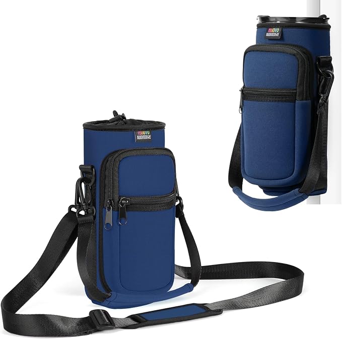 Nuovoware Magnetic Gym Bag, 25oz/32oz, Water Bottle Carrier, Dark Blue | Adjustable Shoulder Strap, 2 Pocket, Sports Sling Neoprene Sleeve, for Hiking Travelling Camping