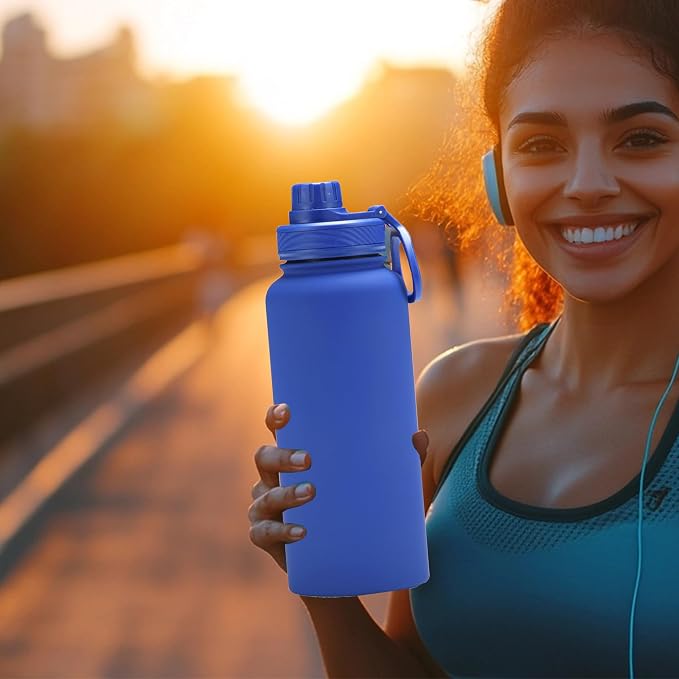 32 oz Insulated Metal Mens Water Bottle | Blue, Stainless Steel, 1 Liter, Leakproof, 2 Lids, Large Sports Water Bottle for Gym,Hiking
