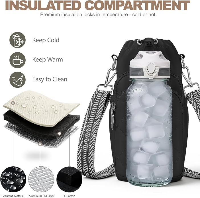 Water Bottle Bag Crossbody，Insulated Holder Purse