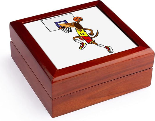 3dRose Funny Dachshund Dog Playing Basketball slam Dunking Ball Jewelry Box 7 x 7 inch with 4 inch tile
