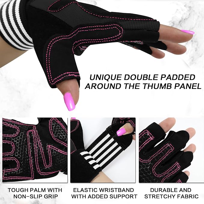 Weight Lifting Gloves for Women Gym Workout with Wrist Support,Padded Half Finger Gloves for Fitness Exercise