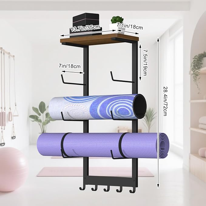 Yoga Mat Holder Wall Mount, 4-Tiers Yoga Mats Storage Shelf Rack | Home Gym Wall Organizer Holder with Wood Floating Shelf and 5 Hooks, Storage Rack for Foam Roller/Band/Workout Equipment