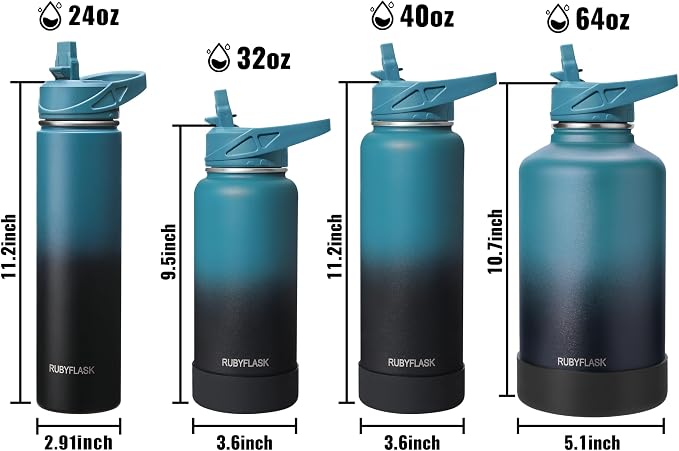 RUBYFLASK 24 oz Insulated Stainless Steel Water Bottle with Straw | 3 Lids, Wide Mouth, Metal Vacuum Leakproof Water Jug Flask and Handle, Large Thermal Cup, Navy