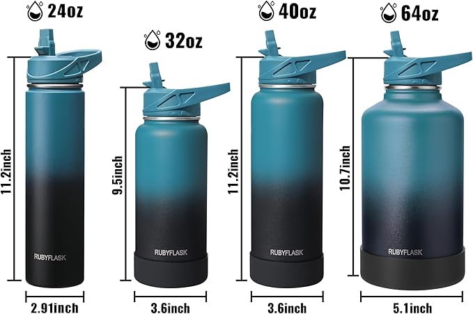 RUBYFLASK 24 oz Insulated Stainless Steel Water Bottle with Straw | 3 Lids, Wide Mouth, Metal Vacuum Leakproof Water Jug Flask and Handle, Large Thermal Cup, Indigoblack