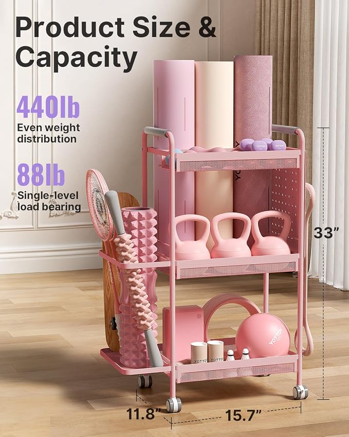 YOTTOY 3-Tier Gym Storage Rack for Home Gym–Multi-Functional Weight Rack, Dumbbell Rack, Yoga Mat Holder with Side Basket & 6 Hooks, Gym Equipment Organizer