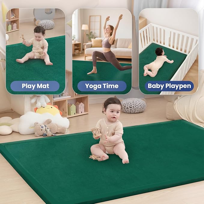 Baby Play Mat for Floor,1.3" Thick Memory Foam Tummy Time Mat,Water Repellent Soft Velvet Nursery Rug,Extra Large Non Slip for Crawling,Toddlers,Infants,Kids,Tatami Style for Living Room(Dark Green)