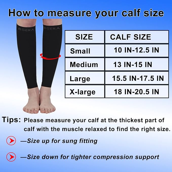 BSERA Calf Compression Sleeve Women, 2 Pairs 15-20mmHg Calf Support Footless Compression Socks Stockings for Shin Splints, Varicose Veins, Recovery (Black, Small)