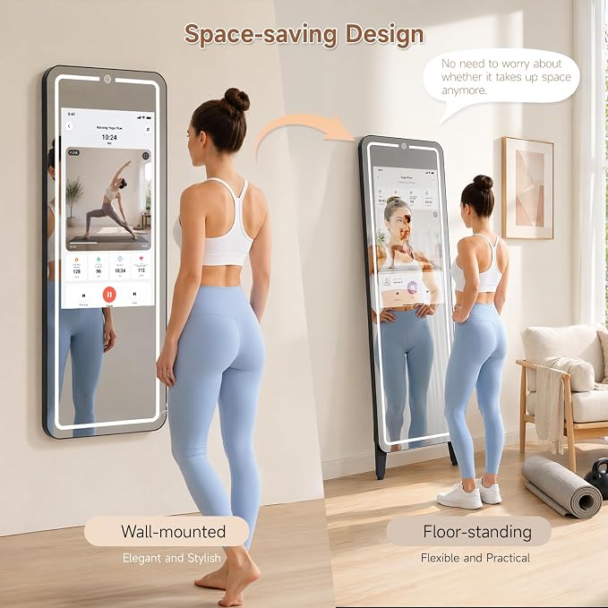 Smart Fitness Mirror for Home Gym Workout, 32" Touchscreen & Open System, No Subscription Fees, Support Fitness Apps, Wall Mount & Free Standing, Can be Used with Home Workout Equipment