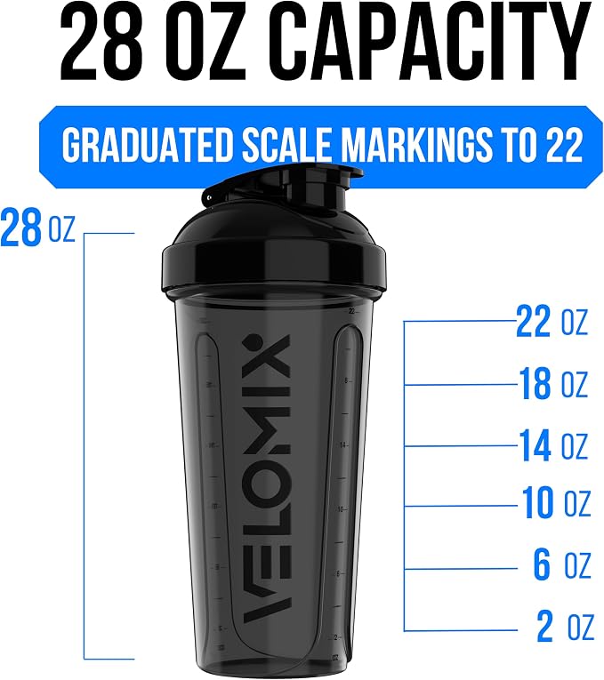 VELOMIX 2 Pack 28oz Protein Shaker Bottle for Protein Mixes, Black/Transpar | 2x Wire Whisk, Leak Proof Shaker Cups for Protein Shakes, Stackable, Dishwasher safe, BPA free, Pre Workout and Fitness ready