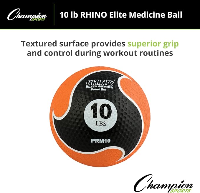 Champion Sports Rhino Elite Medicine Ball – Textured Surface, Superior Grip, Hollow Synthetic Rubber for Consistent Bounce & Durability, Multiple Weights & Colors - Optional Rebounder Sold Separately