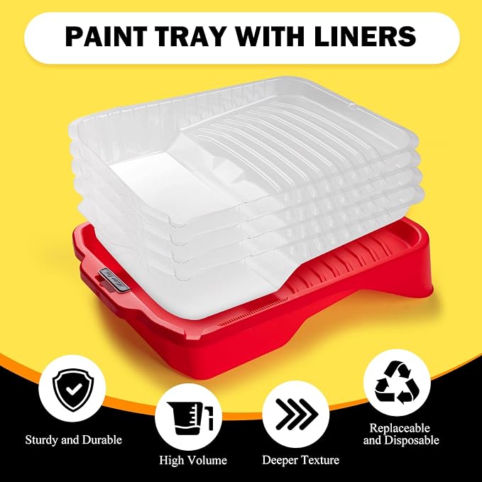 Mister Rui 17 Pieces Paint Roller Kit with 9 Inch Magnetic Tray and Liners | Wall Painting Supplies with Microfiber Roller Cover, Roller Frame, 1.5 Inch Sach Brushes, Sanding Sponge for Painting Project