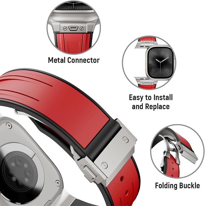 Luxury Watch Band for Apple Watch Ultra 2/Ultra 49-42mm | Metal Connector & Folding Clasp,316L Stainless Steel,Men Silicone Strap Compatible with iWatch Series 10 9 8 7 6 5 4 3 2 1 SE