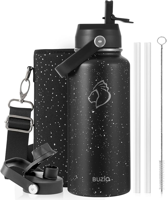 BUZIO 32 oz Water Bottle Insulated, Leakproof Stainless Steel Flask (Cold for 48 Hrs), Wide Mouth BPA-Free Metal Thermo Hydro Canteen with 2 Lids, Starry Day & Night