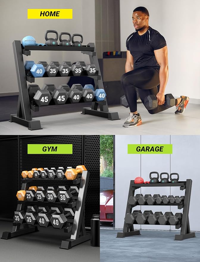 YOLEO Dumbbell Rack Stand Only, 1100LBS Heavy Duty Weight Rack for Home Gym, Adjustable 3-Tier Weight Storage Rack for Dumbbells, Barbells, Kettlebells & Weight Plates, Compact Workout Equipment Organizer