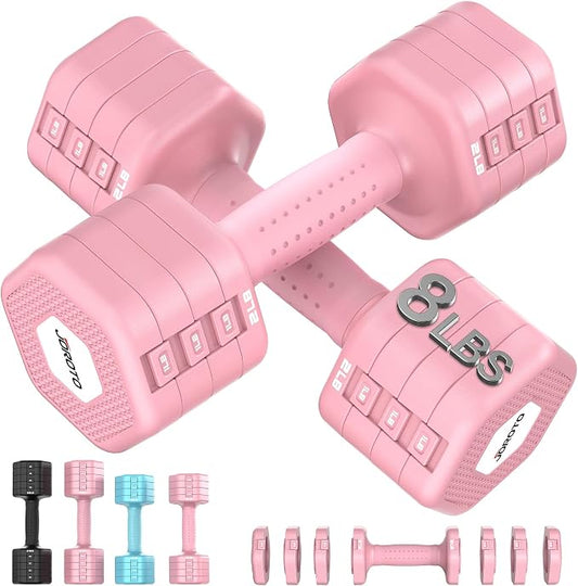 JOROTO 5-in-1 Adjustable Dumbbell Set, 8LB/11LB Pair Adjustable Weights for Women at Home, 1s-Adjust Dual Locking Stable Hand Weights with TPE Soft Handle, Home Gym, Rehab, Pilates, Yoga, Strength Training