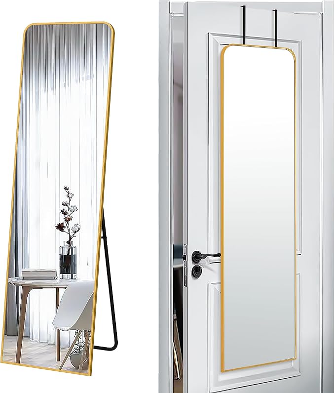 SCWF-GZ 57x16 Full Length Mirror Over The Door Hanging, Floor Stand/Wall Mounted Aluminum Alloy Frame Dressing Mirror for Bedroom Living Room 57 inch Gold