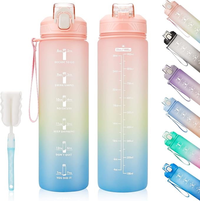 YC Kitchen Motivational Water Bottle with Time Marker- 32oz Water Bottles with Times to Drink, Leakproof & BPA Free Sports Water Bottle with Straw & Carry Strap for Fitness, Gym, and Outdoor Sports