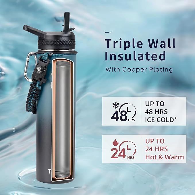 Trebo Insulated Water Bottle 24 oz with 3 Lids, Paracord Handle | Stainless Steel Metal Flask Vacuum, Triple Wall Copper Plated, Dishwasher Safe, Cold 48Hrs for Hiking, Fits in Car Holder