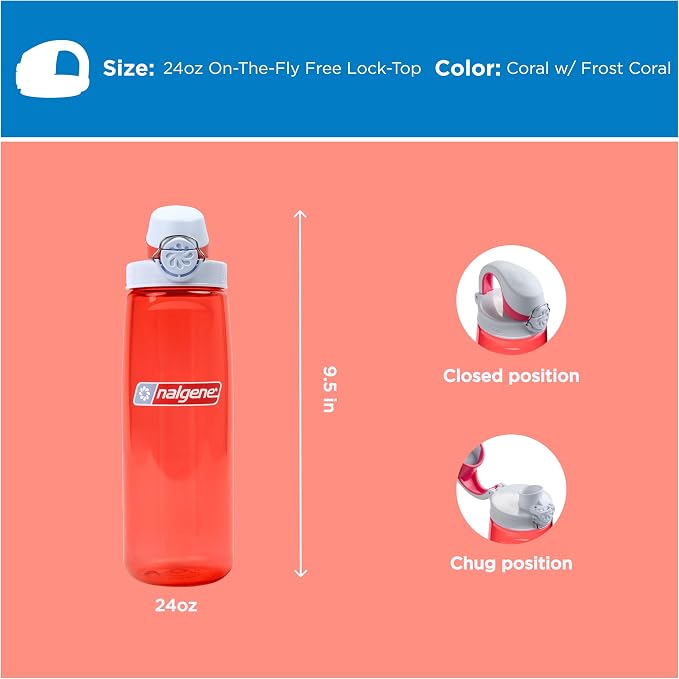 Nalgene 24 oz On The Fly Lock-Top Water Bottle, Coral w/Frost Coral | Easy Chug Cap with Locking Lid, Cup Holder Size, BPA-Free, Durable & Leak Proof, Slim Travel Bottle for School & Sports