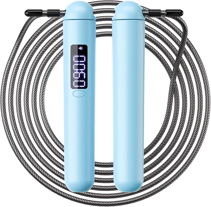 ACHDOFITS Jump Rope with Smart Counter for Adults | Tangle-free Steel Core, 170g. Fits 5'-6'5". 4 Modes: Beginner-HIIT. Rechargeable. For Women & Men. Tracks Calories & Jumps.