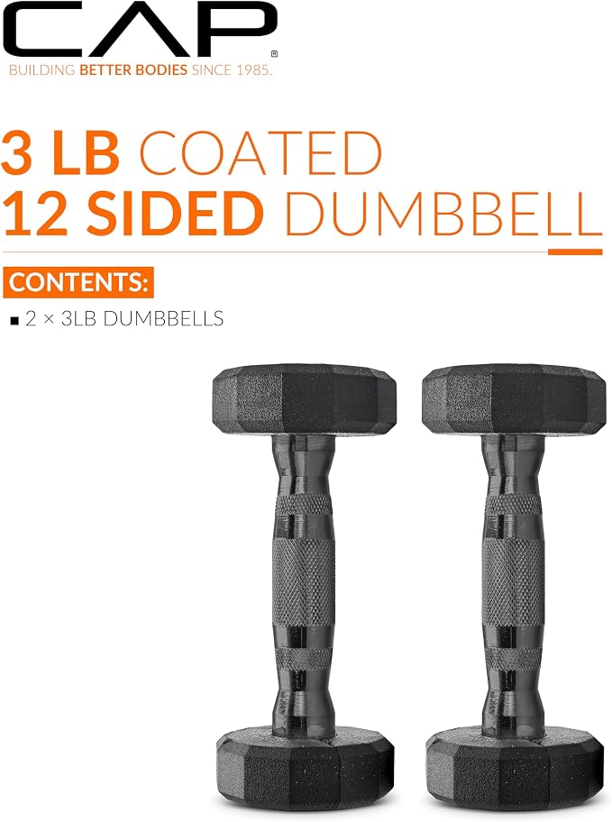 CAP Rubber Coated Dumbbell Weights, Free Weights for Home Gym Strength Training, Anti-Roll Hex Dumbbells with Black, Chrome & Comfort Grip Handles, Pairs & Sets