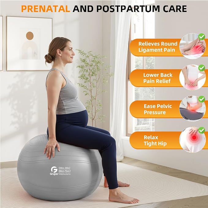 Gruper Yoga Ball, Extra Thick Non Slip Exercise Ball for Workout, Yoga, Pregnancy, 4 Sizes Anti Burst Chair for Home and Office, Includes Foot Pump & Fitness Guide