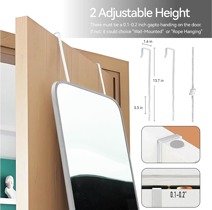 SCWF-GZ 57x16 Full Length Mirror Over The Door Hanging, Floor Stand/Wall Mounted Aluminum Alloy Frame Dressing Mirror for Bedroom Living Room 57 inch Silver