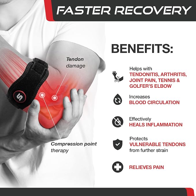 Sleeve Stars Tennis Elbow Brace for Men & Women, Elbow Brace for Tendonitis, Tennis Elbow Strap, Golfers Elbow Brace, Elbow Support Wrap for Tennis Elbow Relief, Fits 9"-23" (Pair/Black)