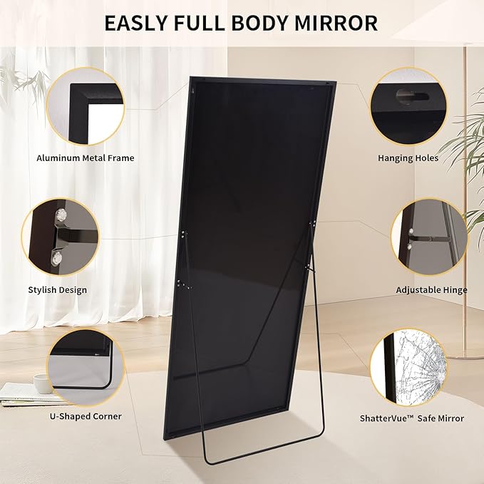 Easly 34"x76" Full Length Mirror with Stand, Large Rectangular Floor Mirror for Bedroom, Living Room or Closet, Wall-Mounted or Freestanding, Black Aluminum Alloy Frame