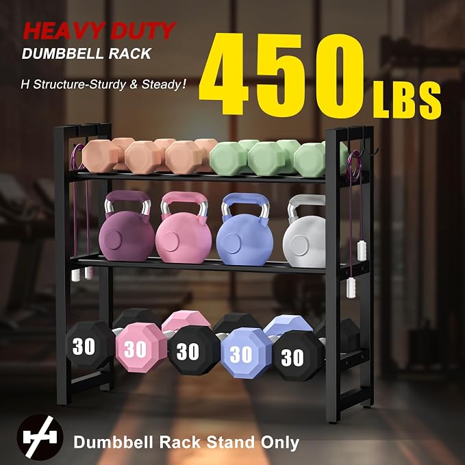 3-Tier Adjustable Dumbbell Rack, Heavy-Duty Weight Rack for Home Gym, Space-Saving Weight Storage Rack for Dumbbells, Kettlebells, Barbells & Plates (Rack Only)