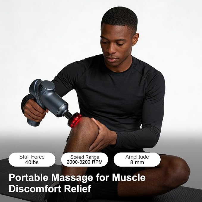 LEERCON Massage Gun with Heat, Deep Tissue Back Massage Gun for Pain Relief | Small Portable Massager Gun, Back and Neck Massager for Pain Relief, 6 Speed & 4 Heads, Birthday Gifts for Men Dad (Blue)