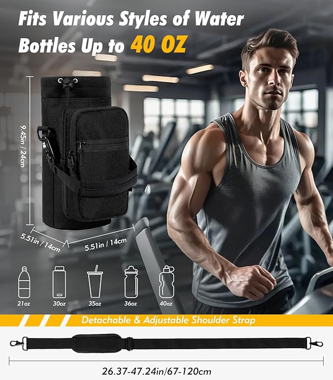 Nuovoware Magnetic Gym Bag, 40oz, Water Bottle Carrier Holder, Black | Adjustable Shoulder Strap, Magnets Magnetic Gym Bag, Bottle Pouch Sling, 2 Pocket, Neoprene Organizer Sleeve