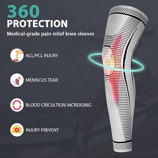 2 Pack Full Leg Compression Sleeves, Long Knee Brace Support for ACL,PCL, Meniscus Tear, Arthritis, Tendinitis,Men And Women (Gray, XX-Large)