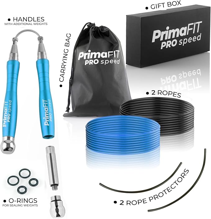 PrimaFIT Pro Speed Jump Rope for Adults, Weighted Skipping Rope for Boxing | Adjustable Jumping Rope for Fitness Workout & CrossFit Exercise, Double Unders, Handle Weights, 3m Cables 2 Protectors, Bag