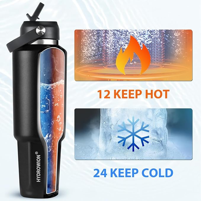 HYDROWION 32 oz Insulated Water Bottle, Car Water Bottle Holder - Double Wall Vacuum Insulated Travel Bottle with Straw Lid, Spout Lid and Flex Cap - Cold for 24H, Hot for 12H, Blue - Red