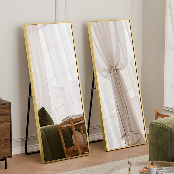 56"×18" Full Length Mirror, 2 Pcs Shatterproof Tempered Glass Floor Mirror, Alum Alloy Thin Frame Standing Mirror with Freestanding/Leaning/Wall Mount for Bedroom, Living Room & Entryway, Gold