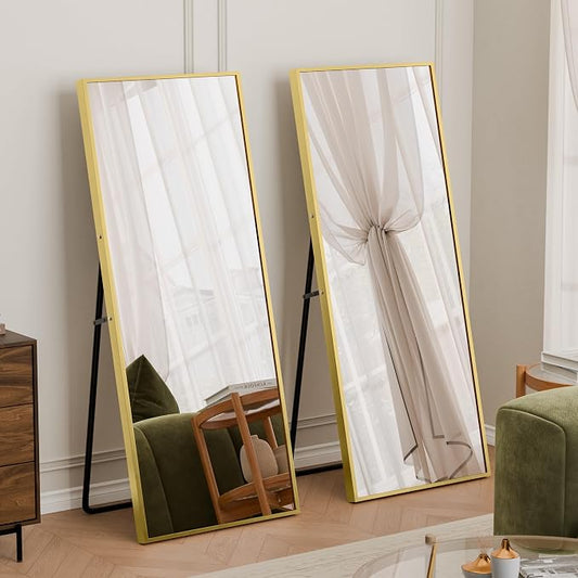 56"×18" Full Length Mirror, 2 Pcs Shatterproof Tempered Glass Floor Mirror, Alum Alloy Thin Frame Standing Mirror with Freestanding/Leaning/Wall Mount for Bedroom, Living Room & Entryway, Gold