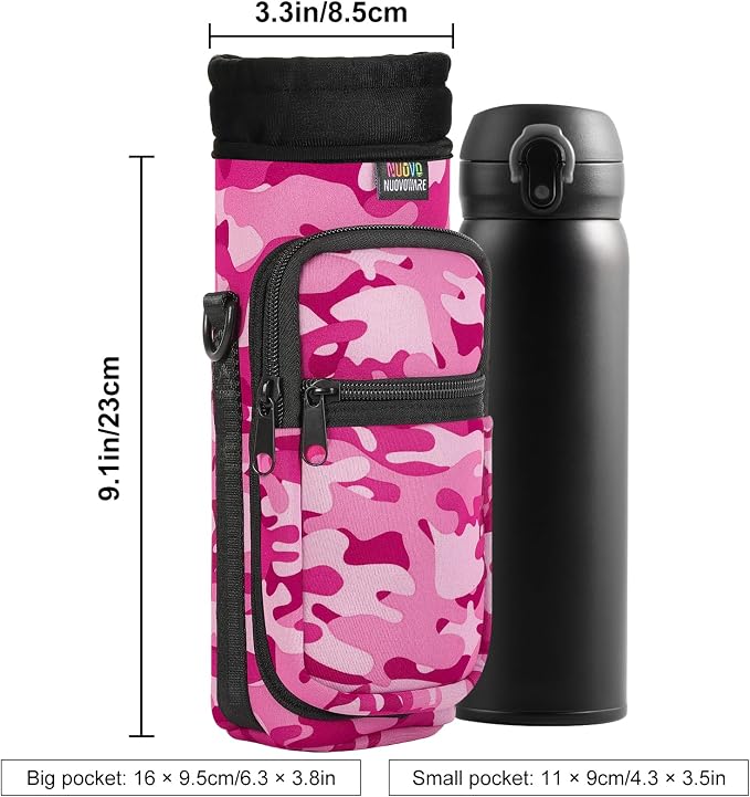 Nuovoware Water Bottle Carrier Bag, 25oz/32oz, Camouflage Pink | Adjustable Shoulder Hand Strap, 2 Pocket, Neoprene Sleeve, For Hiking Travelling Camping