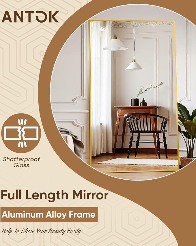 Antok Full Length Mirror, 82"x44" Floor Mirror, Floor Standing Freestanding Full Body Mirror with Stand for Bedroom, Hanging Mounted for Living Room Cloakroom, Gold