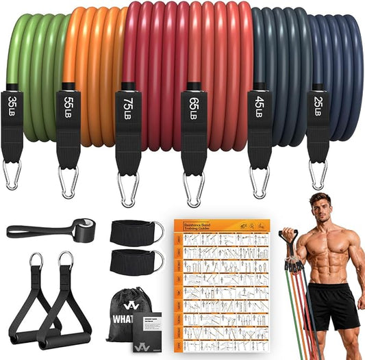 WHATAFIT Resistance Bands, Exercise Bands with Handles, Workout Bands for Working Out, Fitness Bands Set for Home Gym Full Body Strength Training, Muscle Tone, Yoga & Stretching