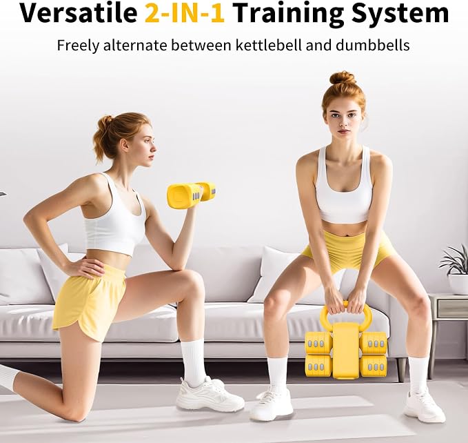 Hezeyferg Adjustable Dumbbell Set, 2-in-1 Hand Weights with Kettlebell Form | 4-Level 2.2-5.5lb Each, Dual-Button Locking, for Women Men Beginners Home Gym, Portable & Space-Efficient, Full Body Workout