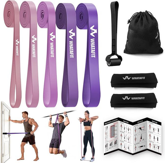 WHATAFIT Resistance Bands, Pull Up Assist Bands with Handles, Door Anchor | Natural Latex Rubber, Progressive Tension, Exercise Loop for Full-Body Fitness, Portable Gym Bag, Warm-Up & Stretch