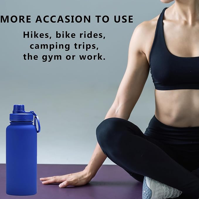 32 oz Insulated Metal Mens Water Bottle | Blue, Stainless Steel, 1 Liter, Leakproof, 2 Lids, Large Sports Water Bottle for Gym,Hiking