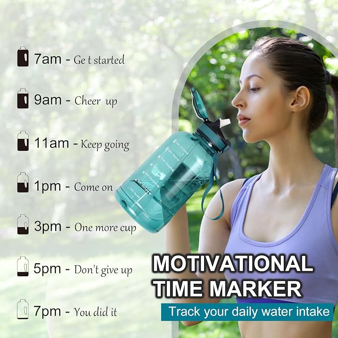 64oz Sports Durable Water Bottle with Handle Leak Proof | Big Handle, 2l, Wide Mouth, Motivational and Time Marker for Camping Gym, Office