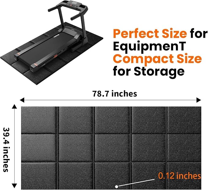 THAILE Gym Equipment Mat, 79" x 39"x 0.14" Exercise Equipment Mat | Heavy-duty floor protector for treadmills, ellipticals, bikes and weight equipment; reduces vibration, noise and floor damage