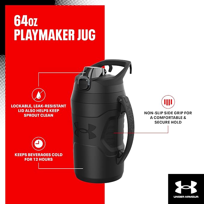 Under Armour Insulated Water Bottle with Handle & Fence Hook, Half Gallon Sports Water Jug, Leak-Resistant & BPA-Free for Baseball, Football_& Gym - White/Black, 64 Ounces (Pack of 4)